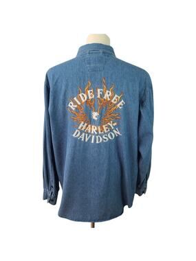 Harley Davidson Blue Denim Vintage Shirt Ride Free Embroidered Flames Back XL